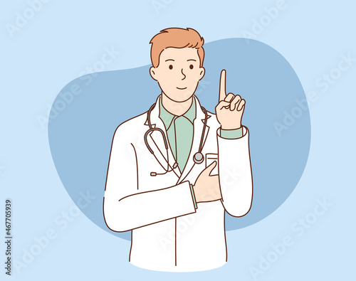 Health, care, denial, prohibition. Young happy smiling doctor hospital worker cartoon character standing saying No with finger sign.