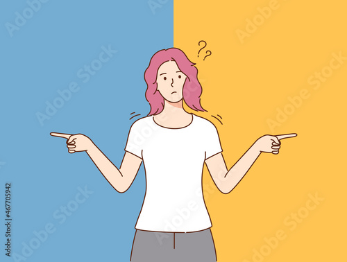Choice, thinking, doubt, problem .Young pensive thoughtful confused doubtful woman or girl standing and choosing between two colors or ways pointing in other sides illustration