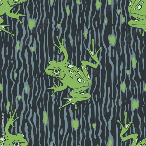 Seamless vector pattern with tree frog on textured brown background. Simple animal camouflage wallpaper design. Decorative zoo fashion textile. photo