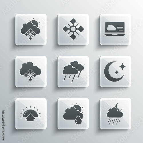 Set Cloud with rain and sun, moon, Moon stars, Sunrise, snow, and Weather forecast icon. Vector