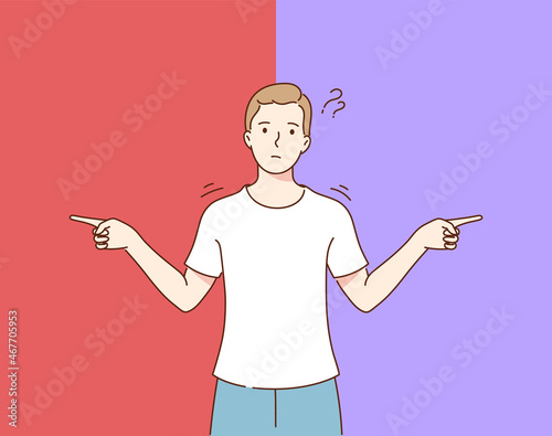 Choice, thinking, doubt, problem .Young pensive thoughtful confused doubtful man or boy standing and choosing between two colors or ways pointing in other sides illustration
