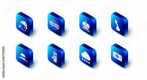 Set London sign, British crown, England map, Pound sterling money, Cloud with rain, mail box, Elegant women hat and Sherlock Holmes icon. Vector