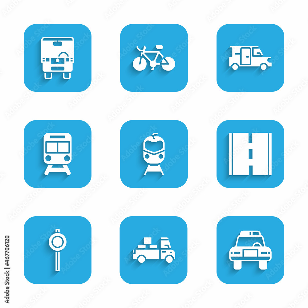 Set Train and railway, Delivery truck, Police car flasher, Road, traffic signpost, Minibus and Bus icon. Vector Set Train and railway, Delivery truck, Police car flasher, Road, traffic signpost, Minibus and Bus icon. Vector