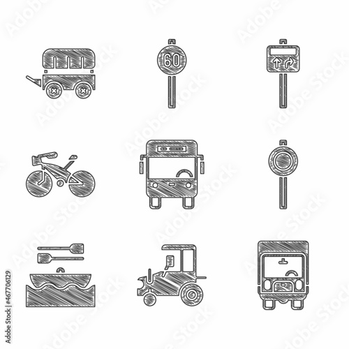 Set Bus, Tractor, Delivery cargo truck, Road traffic signpost, Boat with oars, Bicycle, and Wild west covered wagon icon. Vector