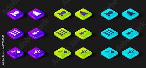 Set Flying stone, Location peace, Prison window, Hand grenade, Megaphone and Vandal icon. Vector