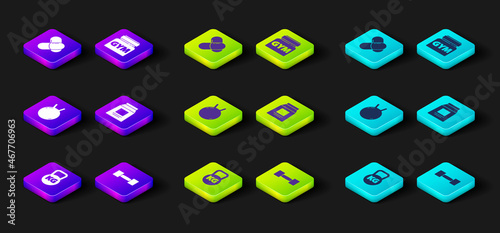 Set Kettlebell, Dumbbell, Sports nutrition, and icon. Vector