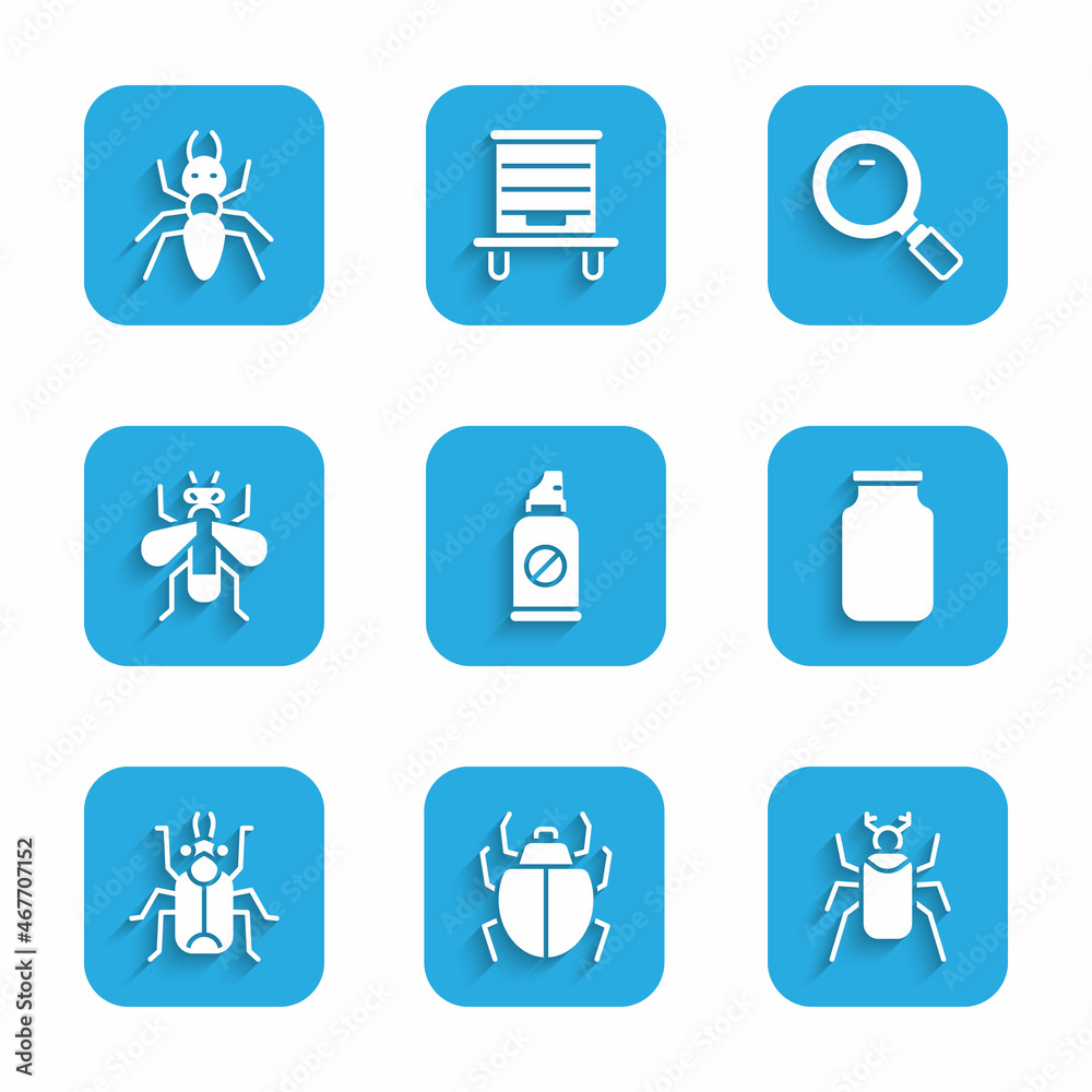 Set Spray against insects, Mite, Beetle bug, Glass jar, Insect fly, Magnifying glass and Ant icon. Vector Set Spray against insects, Mite, Beetle bug, Glass jar, Insect fly, Magnifying glass and Ant icon. Vector