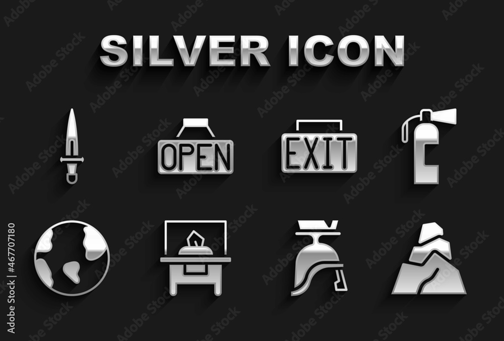 Fototapeta premium Set Glass showcase for exhibit, Fire extinguisher, Rock stones, Roman army helmet, Earth globe, Exit sign, Dagger and Hanging with Open icon. Vector