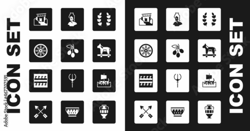 Set Laurel wreath, Olives branch, Old wooden wheel, Ancient ruins, Trojan horse, bust sculpture, Greek trireme and pattern icon. Vector