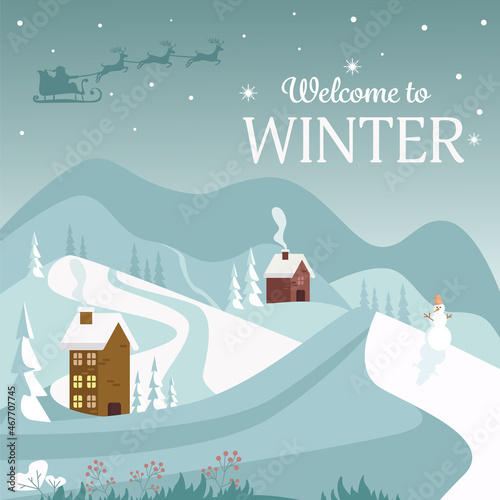 Beautiful winter landscape with fir trees, houses, snowman and santa with reindeer. Vector illustration.