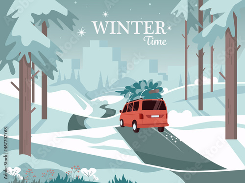 Red Car with christmas tree on the road. Cute winter landscape. Vector illustration.