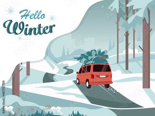 Winter card - Hello winter. Winter coniferous forest overlooking the city. Red car with a Christmas tree. Landscape in cold colors. Vector illustration.