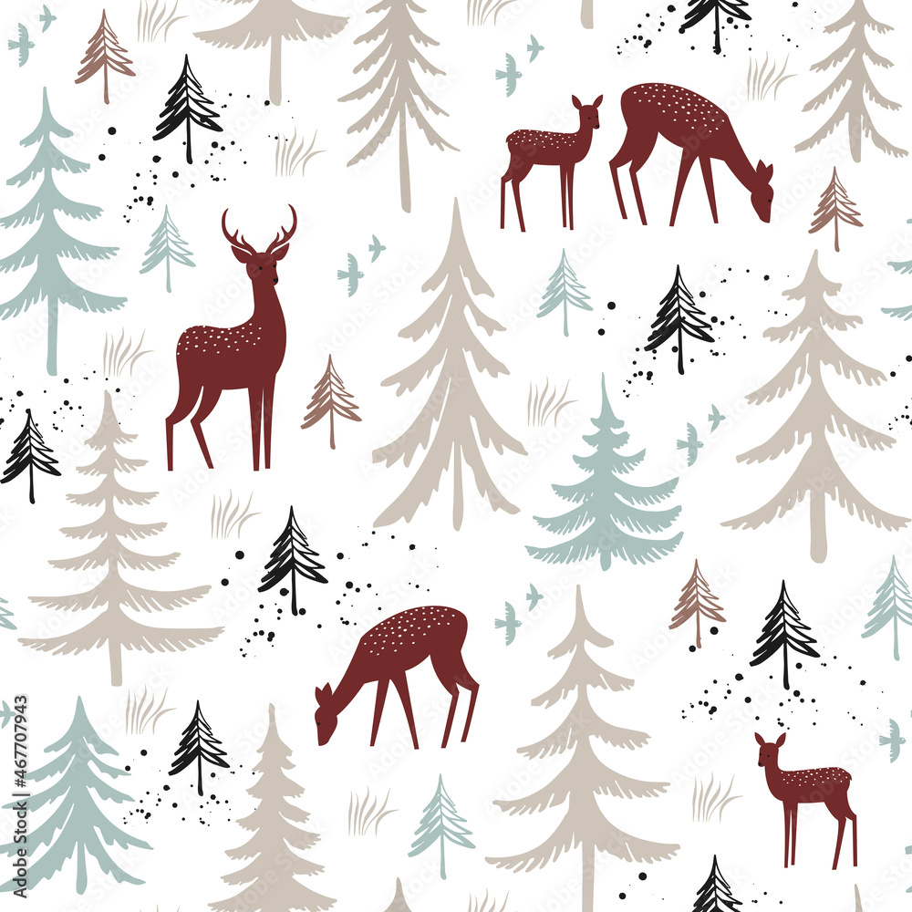 Seamless pattern with hand drawn Christmas trees and deers. Winter forest background. Vector illustration.