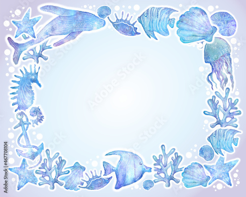 Marine watercolor background, marine inhabitants frame, kids background for vacation, travel
