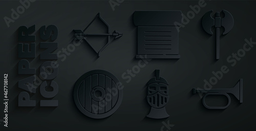 Set Medieval iron helmet, axe, Round wooden shield, Trumpet, Decree, parchment, scroll and bow and arrow icon. Vector