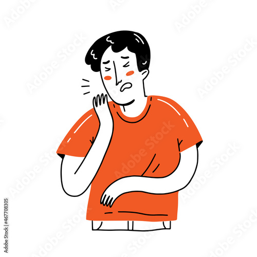 The young man is sick and coughs. Male character in simple stylized cartoon doodle style. Vector illustration. photo