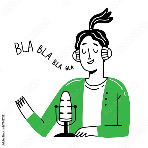 A girl with headphones is recording a podcast. A female character speaks into a microphone. Vector illustration in line doodle style.