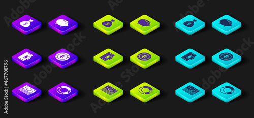 Set Stacks paper money cash, Pie chart infographic, Mobile banking, Bitcoin, Piggy and Money bag icon. Vector
