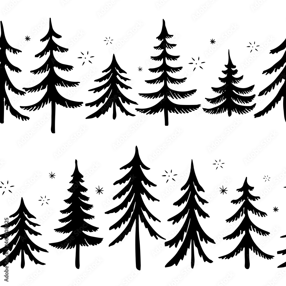 Seamless pattern of hand drawn Christmas trees. Winter forest background. Vector illustration.