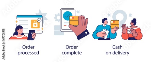 Purchase process abstract concept vector illustration set. Order processed, complete, cash on delivery abstract metaphor.