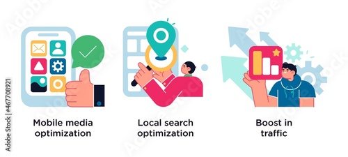 SEO strategy abstract concept vector illustration set. Mobile media optimization, local search, boost in traffic abstract metaphor.