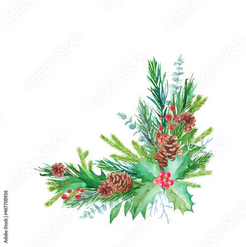 松毬、もみの枝、西洋柊などのクリスマス装飾の水彩イラスト。（ベクター。レイアウト変更可能）

