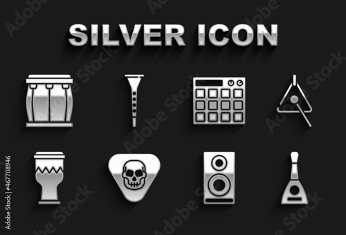 Set Guitar pick, Triangle, Balalaika, Stereo speaker, Drum, machine, and Clarinet icon. Vector