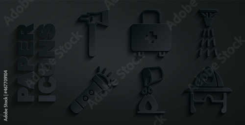 Set Bucket extinguishing fire, Fire sprinkler, Flashlight, Firefighter helmet, First aid kit and axe icon. Vector