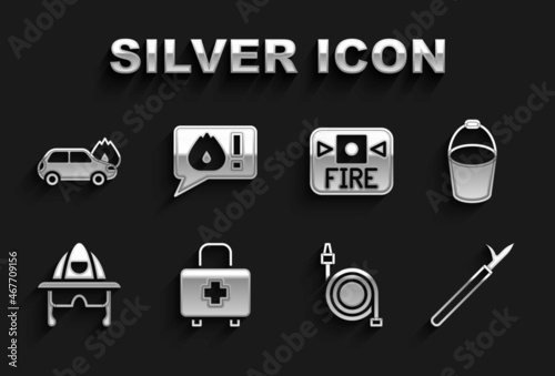 Set First aid kit, Fire bucket, Metal pike pole, hose reel, Firefighter helmet, alarm system, Burning car and Telephone call 911 icon. Vector