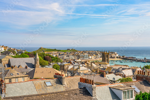 St Ives rooftop panorama, a popular seaside town and port in Cornwall, England