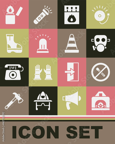 Set Interior fireplace, No match, Gas mask, Matchbox and matches, Ringing alarm bell, Fire boots, Lighter and Traffic cone icon. Vector