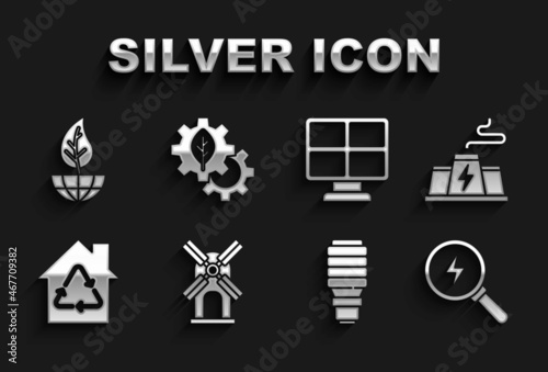 Set Wind turbine, Power station plant factory, Lightning bolt, LED light bulb, Eco House with recycling, Solar energy panel, Earth globe and leaf and Leaf gear machine icon. Vector