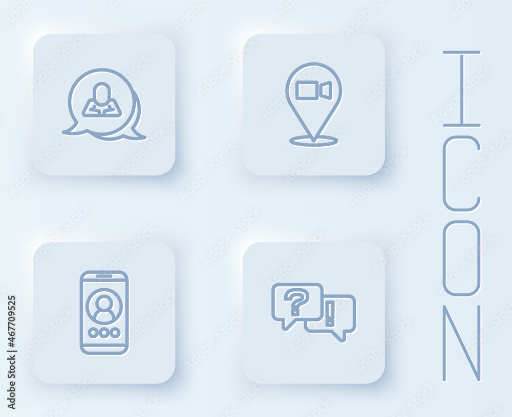 Set line Speech bubble chat, Video conference, and Question and Answer. White square button. Vector Set line Speech bubble chat, Video conference, and Question and Answer. White square button. Vector