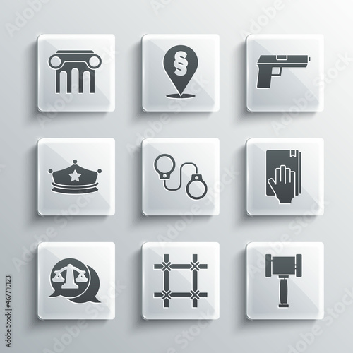 Set Prison window, Judge gavel, Oath the Holy Bible, Handcuffs, Scales of justice, Police cap with cockade, Law pillar and Pistol or gun icon. Vector