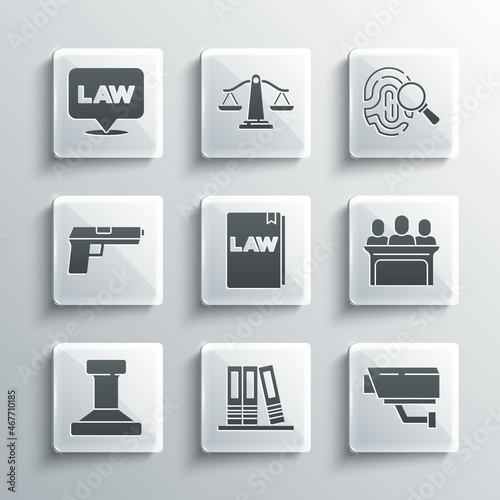 Set Office folders, Security camera, Jurors, Law book, Stamp, Pistol gun, Location law and Fingerprint icon. Vector