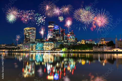Fireworks celebration at Financial District of London. England