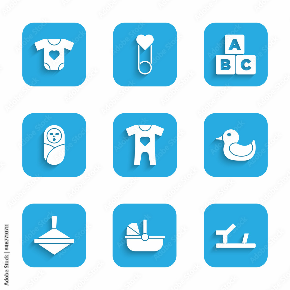 Set Baby clothes, stroller, shoes, Rubber duck, Whirligig toy, Newborn baby infant swaddled, ABC blocks and icon. Vector Set Baby clothes, stroller, shoes, Rubber duck, Whirligig toy, Newborn baby infant swaddled, ABC blocks and icon. Vector