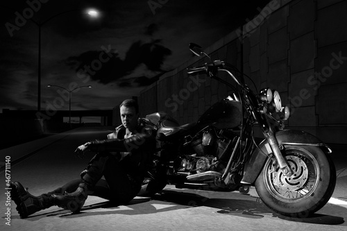 chopper motorcycle on the road. biker on the night road under the moonlight.
