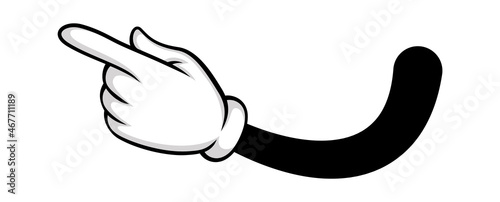 Direct to left, cartoon hand show right way. Comic hand in glove. Gesture arm artwork, pointing left, clipart forefinger gloved, vector illustration