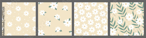 Cute hand drawn floral botanical seamless patterns set. Abstract flowers, leaves, branches on pastel yellow backgrounds square pattern collection. For wrapping, stationary, textile, fabric design
