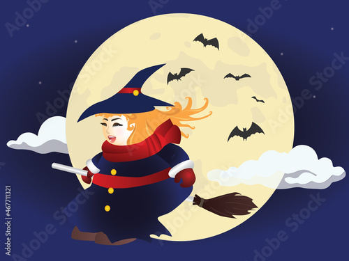 A cute smiling chubby witch with blue dress is flying with a broom on full moon day with blue sky and cloud. © Runglawan