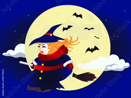 A cute smiling chubby witch with blue dress is flying with a broom on full moon day with blue sky and cloud.
