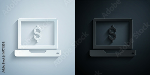 Paper cut Laptop with dollar icon isolated on grey and black background. Sending money around the world, money transfer, online banking, financial transaction. Paper art style. Vector