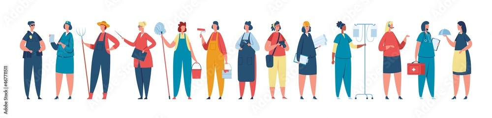 Professional female worker in uniform, women of different occupations. Diverse group of women workers standing together vector illustration. Characters working for various jobs, career employment - obrazy, fototapety, plakaty 