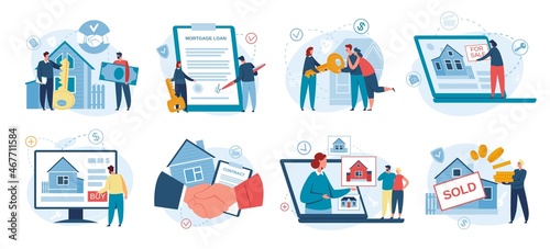 Real estate search, online property market, mortgage loan. Family buying house or renting apartment, virtual housing tour concept vector set. People signing documents, agents showing apartment