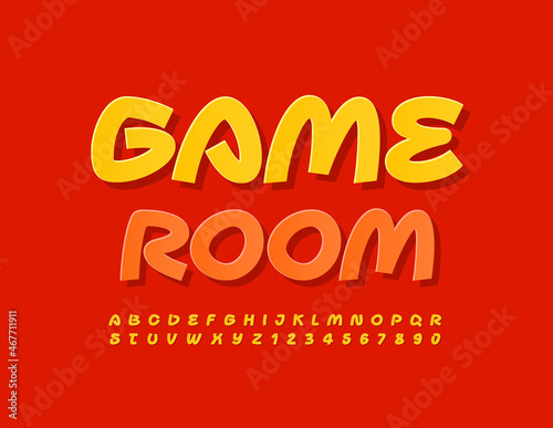 Vector colorful Banner Game Room. Yellow Handwritten Font. Bright sticker style Alphabet Letters and Numbers set