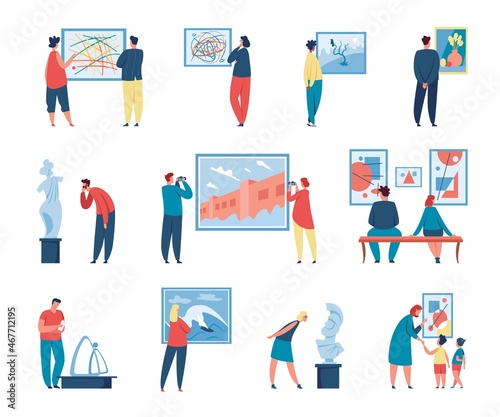 Art gallery visitors looking at paintings, people in museum exhibition. Characters admiring or taking photo of painting or sculpture vector set. Man and woman watching modern and classical exhibits