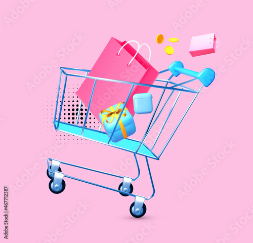 Realistic metal shopping trolley cart with gift box and bags and flying coins. Fast delivery. Easy shopping design.