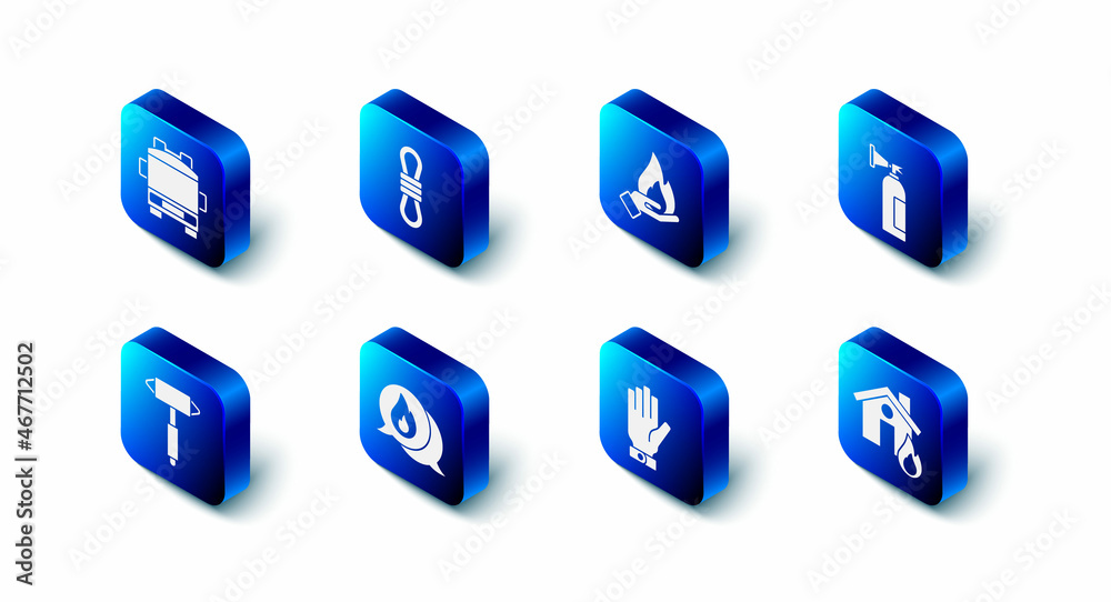 Set Climber rope, Hand holding a fire, Fire extinguisher, burning house, Firefighter gloves, Telephone call 911, axe and truck icon. Vector Set Climber rope, Hand holding a fire, Fire extinguisher, burning house, Firefighter gloves, Telephone call 911, axe and truck icon. Vector