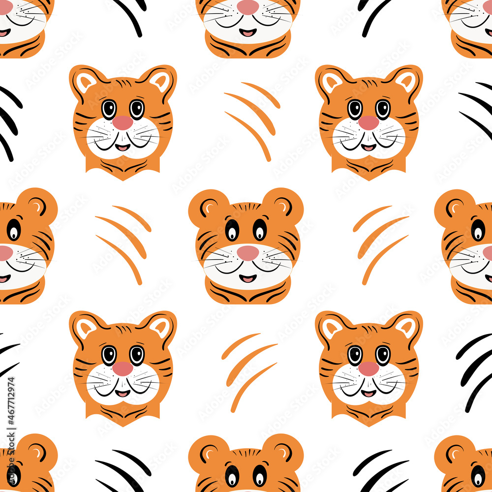 Tiger. Seamless pattern, background, texture. Children s drawing.
